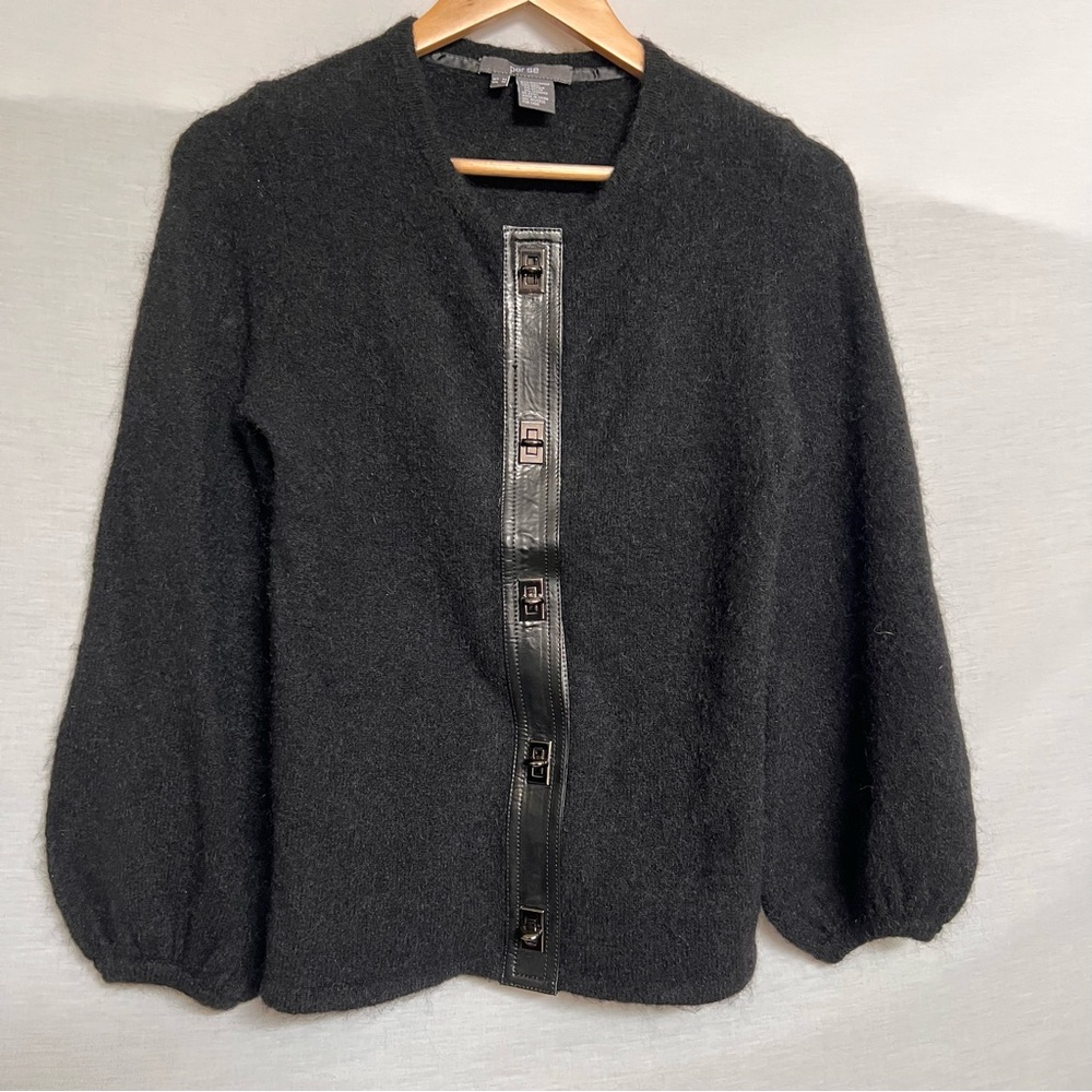 Per Se Black Cardigan with Faux Leather Buckle Detail and Bloused Sleeves